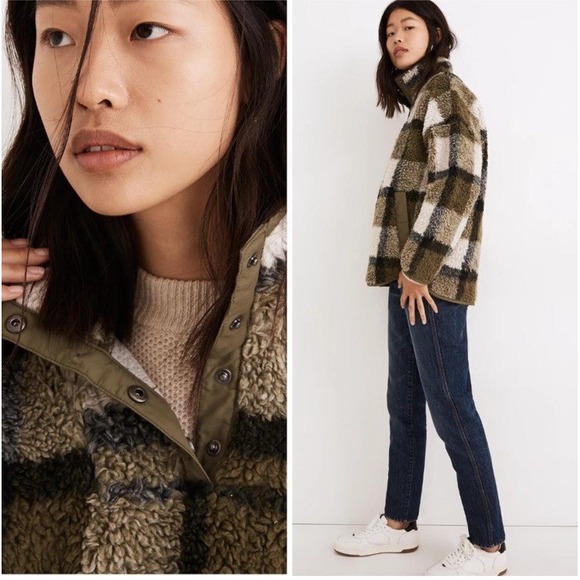 Madewell (Re)sourced Sherpa Popover Tunic Jacket Plaid Green Women Small NB532‎ - Picture 15 of 15